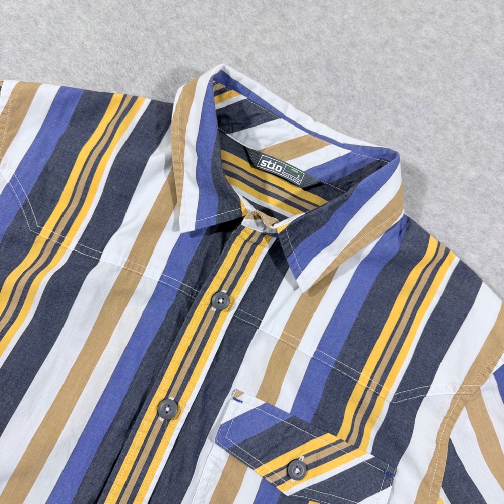 Stio Button Up Shirt Mens Small Blue Yellow Stripe Short Sleeve
